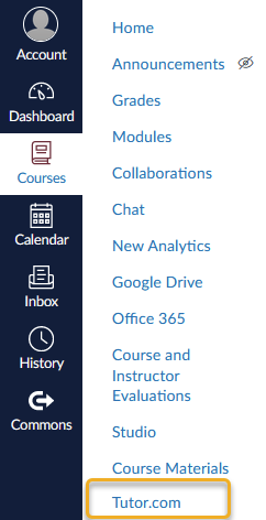 Visual picture of the navigation menu inside of tutor.com. The "tutor.com" text is highlighted.